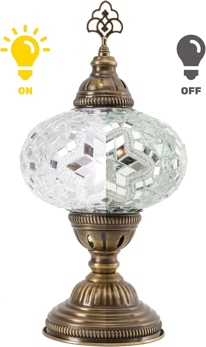 Turkish Lamp, Mosaic Table Lamp, Antique Moroccan Decorative Glass Bohemian Vintage Lamp Shade, Small Desk Tiffany Bedside Stained Glass Lamp with US Plug and E12 Socket