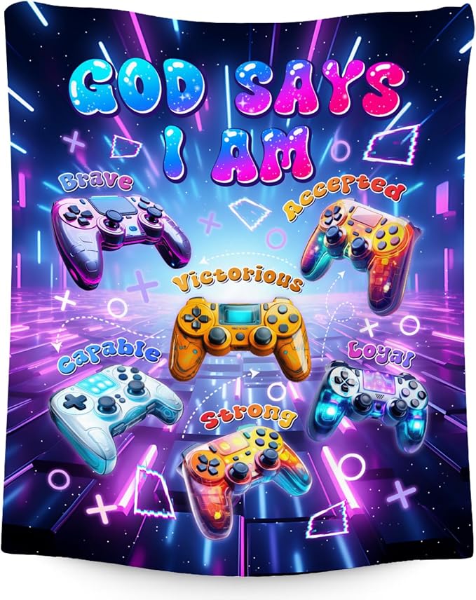 Gaming Blanket for Boys, Games Throw Blanket for Teenage Boys Men, Soft Plush Kids Blankets for Couch Office, God Says I Am Blanket for Kids, Gamer Supplies Kids Gamer Room Decor Gifts, 40"x50"