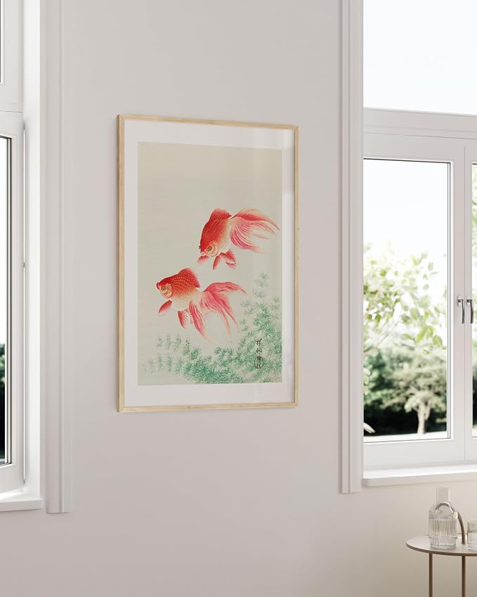 HAUS AND HUES Japanese Wall Art - Goldfish Framed Print, Japandi Asian Art Poster, Japanese Decor for Bedroom or Living Room, 24x36 Beige Frame