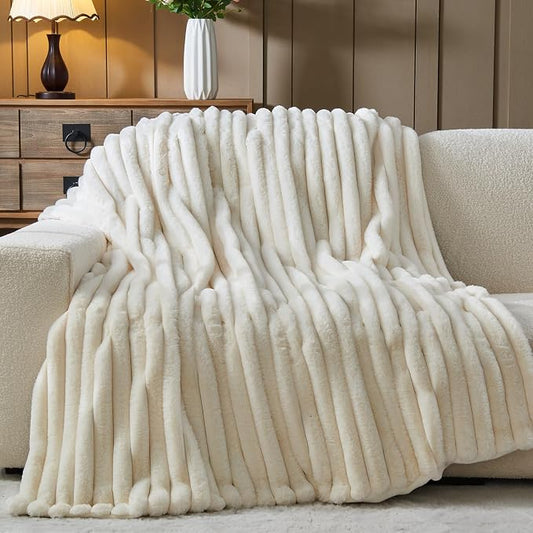 NEWCOSPLAY Faux Fur Ribbed Throw Blanket for Couch, Ivory, 50"x60" | Plush Soft Thick Warm Blanket for Couch Sofa Bed 850GSM, Fluffy Cozy Luxury Decorative Throw, Gift for Women Men