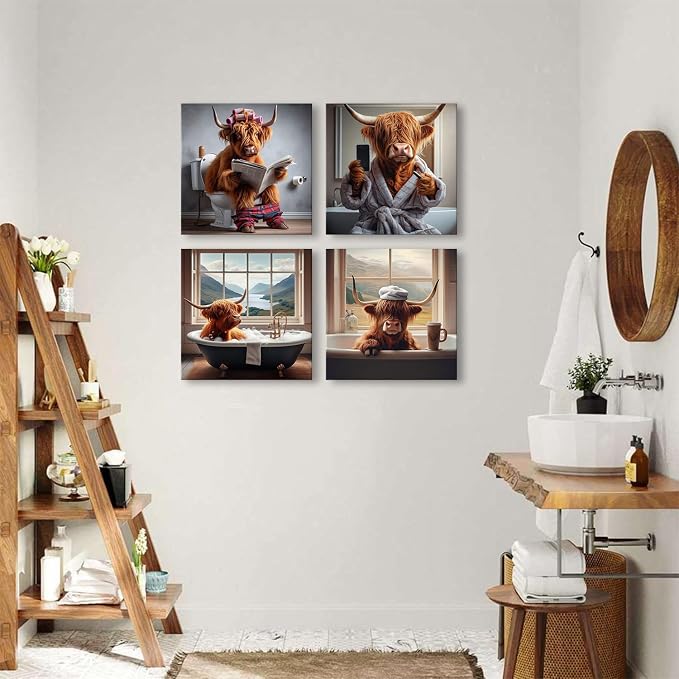 Bathroom Highland Cow Wall Decor Funny Cow Wall Art Rustic Longhorn Animals Bathtub Pictures Western Cattle Canvas Prints Artwork Vintage Country Cows Posters Restroom Bedroom Decorations 12x12" 4Pcs