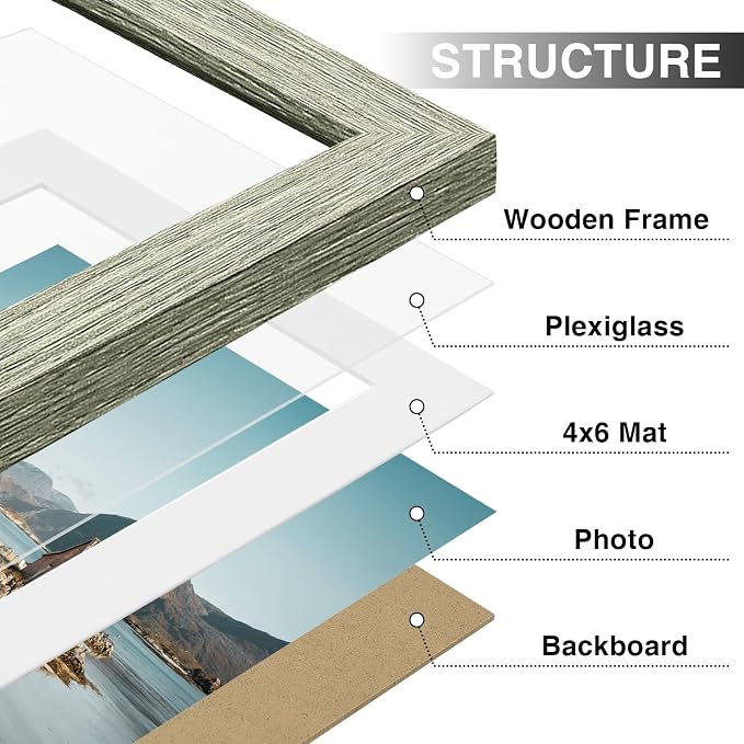 Vittanly 5x7 Picture Frames Set of 9 for Wall Mount or Tabletop, Driftwood | Display Pictures 4x6 with Mat or 5x7 without Mat, Small Photo Frames, Engineered Wood with Shatter Resistant Plexiglass