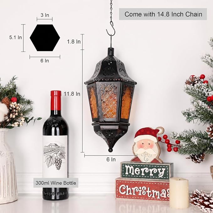 Moroccan Lantern Decorative Indoor & Outdoor, 13.6’’ Vintage Decorative Hanging Lanterns with Chain for Home Porch Patio Decor, Metal Christmas Ramadan Candle Holder Decorations (Amber)