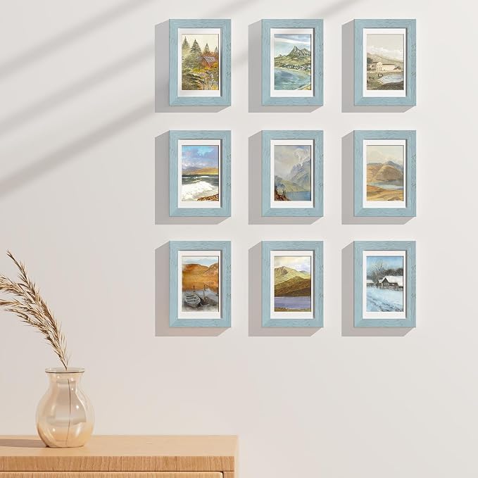 Vittanly 4x6 Picture Frames Set of 9, Wall & Tabletop, Rustic Blue | Display Pictures 3.5x5 with Mat or 4x6 without Mat, Small Photo Frames, Engineered Wood with Shatter Resistant Plexiglass