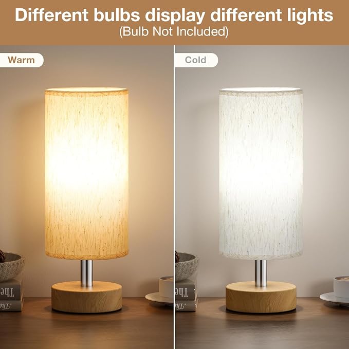 Table Lamp for Bedroom（Cream Shade - Wood Base, 11.6" Inline Control）