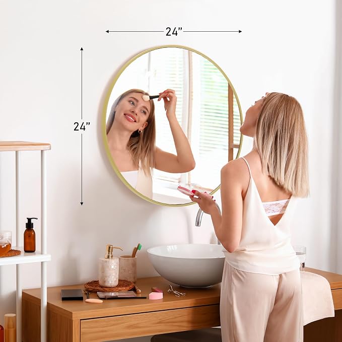 NEWBULIG 24 Inch Round Bathroom Mirror, Wall Mount Vanity Mirror | Circle Mirror for Over Sink, Matte Metal Frame, Entryway Decor, Bedroom Decor, Gold