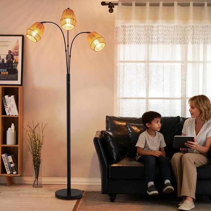 9MMML Vintage Black Arc Floor Lamp with Rotatable Arms & Rattan Lampshade, 3-Light Mode Rotary Switch Adjustable, 72.5'' Tall Standing Lamp for Living Room, Bedroom, E26 Base