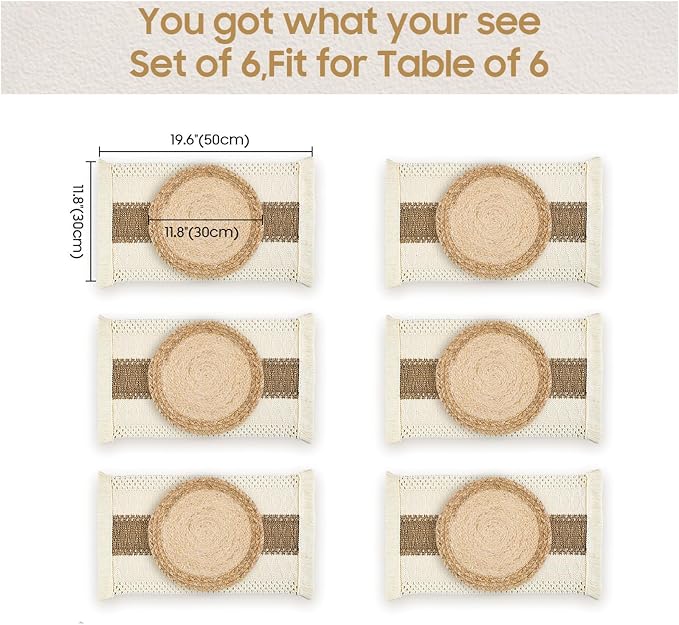 Placemats Set of 6 with 6 PCs Round Placemats and 6 PCs Table Mats | Natural,Handmade,Boho Woven Placemat,Burlap Table Placemats,Heat Resistant for Kitchen and Dining Table Farmhouse Décor