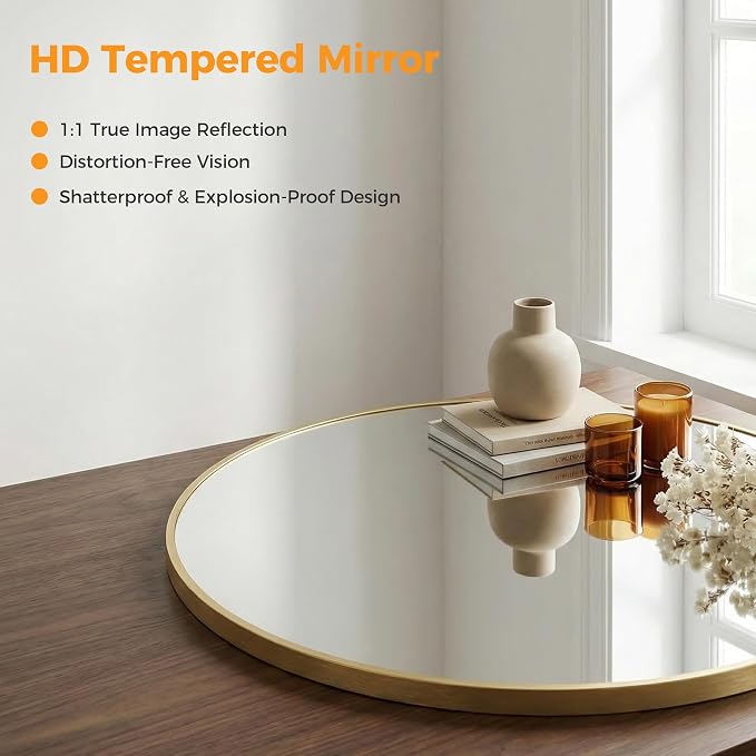 24 Inch Gold Round Bathroom Wall Mirror, Round Mirrors for Wall Decor, Circle Mirror for with HD Shatter-Proof Glass for Entryway, Living Room, Bedroom, Dressing Room, Home Decor