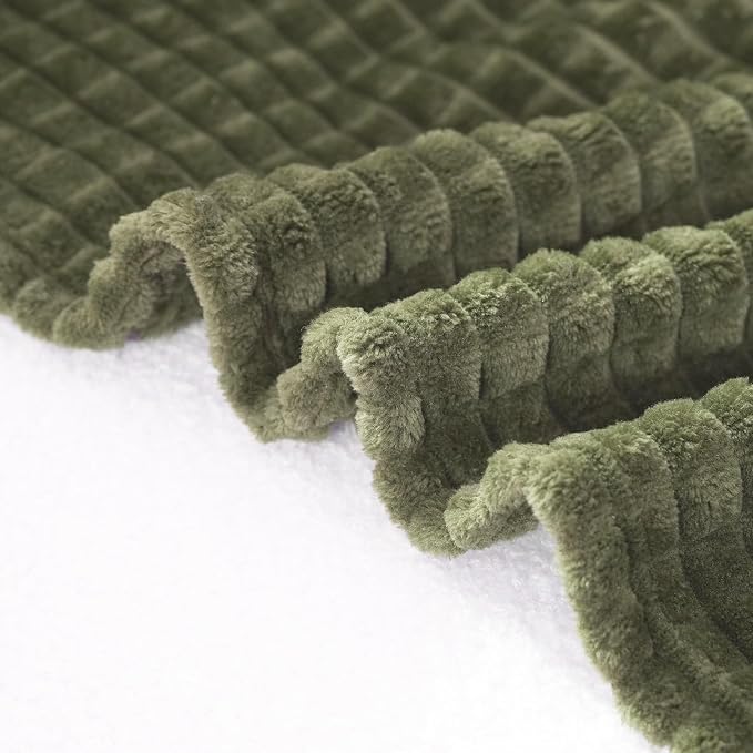 Puncuntex Fleece Throw Blanket Olive Green 108"×90" with Square Grid Design | Super Soft Plush Cozy Flannel Throw Blanket Luxury for Couch Sofa Chair