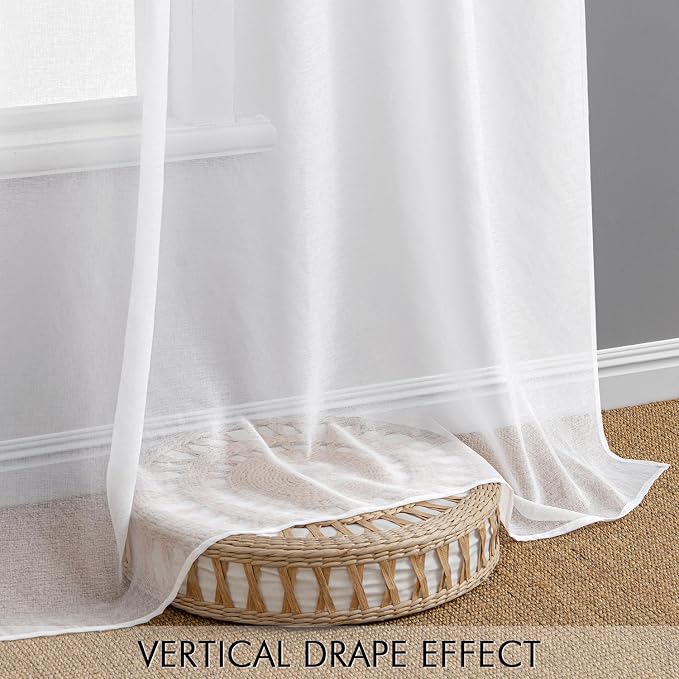 MIULEE Semi White Linen Textured Sheer Curtains 42W×84L Rod Pocket 2 Panels | Semi Transparent, Farmhouse, Window Net Panels with Rod Pocket for Bedroom Living Room