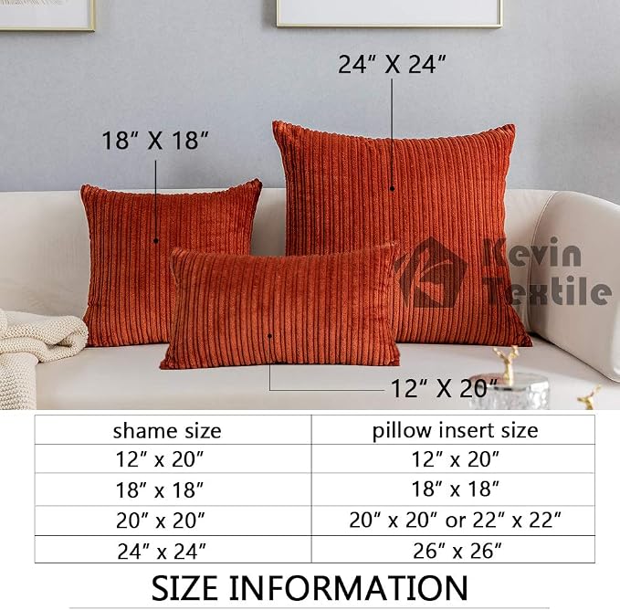 Kevin Textile Striped Corduroy 24”x24” Pillow Covers 2 Pack, Burnt Brick