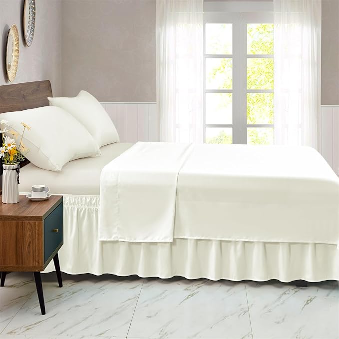 FreshCulture Queen Bed Skirt, Elastic Wrap Around Bed Skirt Queen Size, Bed Skirts for Adjustable Bed, Easy Fit with 15 Inch Drop Length, Hotel Quality Dust Ruffle for Queen Bed (Ivory)