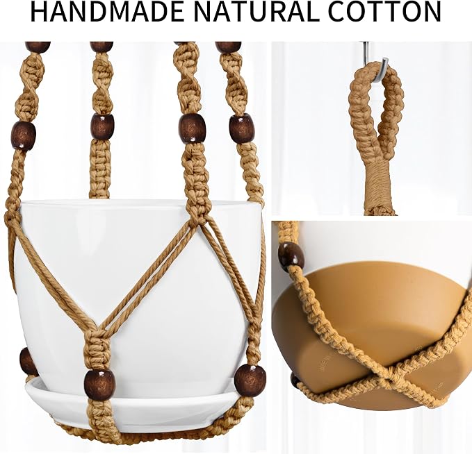 Macrame Plant Hanger - Fits 4-15 Inch Pots, 3 Pack, Brown