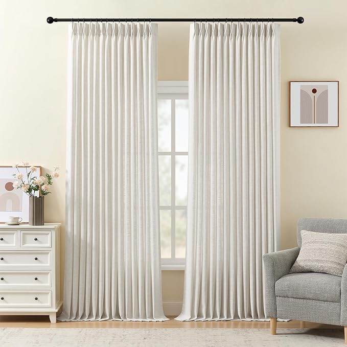 Pinch Pleated Linen Curtains 96 Inches Semi Sheer Light Filtering, 2 Panels | Pleat Curtain for Living Room, Memory Shape Linen Blend Curtains Floor to Ceiling, with Hooks Rings, Cream Beige Natural, W40