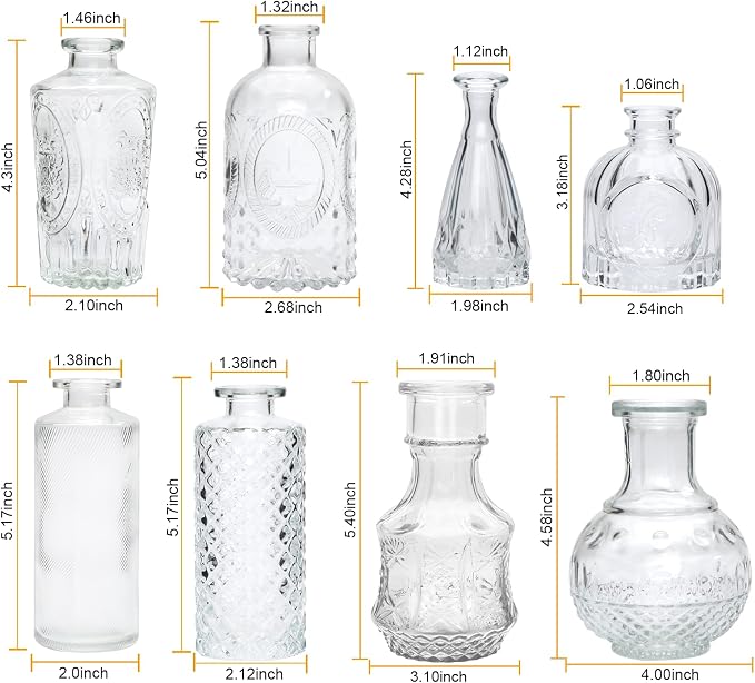 Clear Flower Vase Set, Glass Bud Vase in Bulk Set of 8 | Artistic and Cultural Flavor Mini Vases for Home Office Decor, Bedroom, Office, Small Vases Living Room Decorations,Wedding