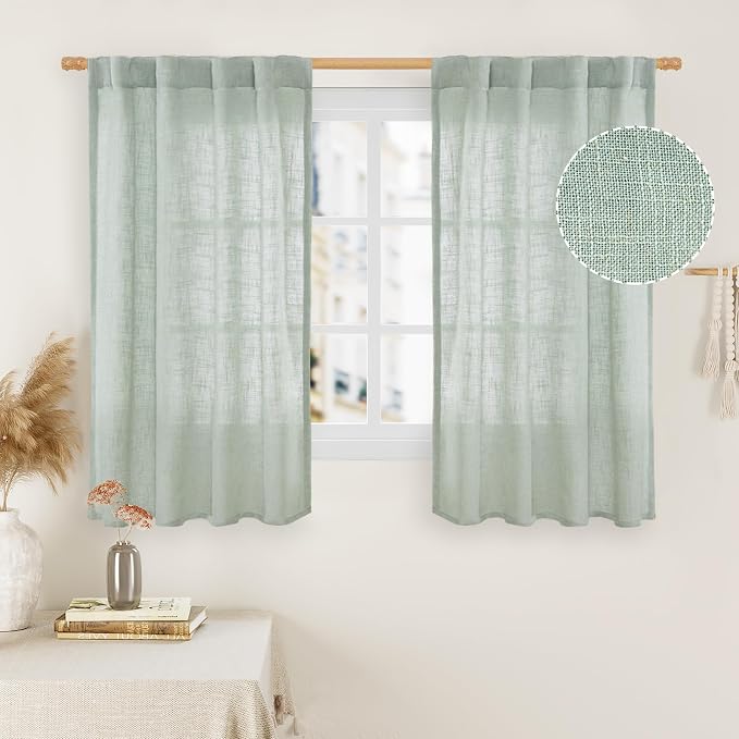 48 Inch Short Window Linen Curtains, Semi Sheer Panels 2 Panels | Light Filtering Panels, Rod Pocket Back Tab, Neutral Drapes for Cafe, Bathroom, Loft Room, Light Sage, 34 x 48 Inch