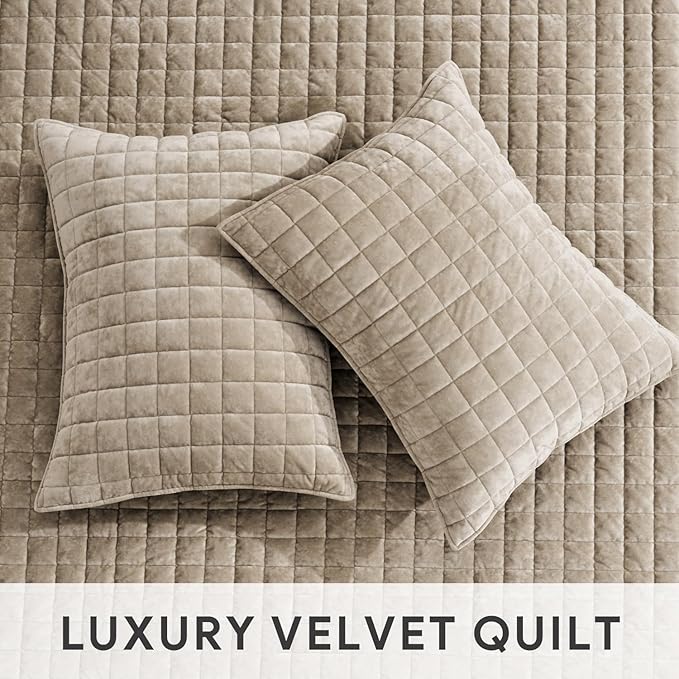 RECYCO Channel Box Stitch Velvet Quilt Set, King Size, Urban Taupe | Ultra Soft Lightweight Velvet Comforter, Luxury Oversized Bedspread Coverlet, Quilted Bedding Set for All Season with 2 Shams