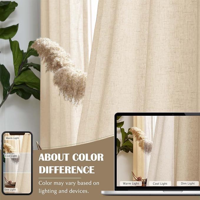 jinchan Lined Linen Curtains Privacy Back Tab 50x84 Inch 2 Panels Set Beige | Light Filtering Curtains with White Privacy Liner, Cottage Core Farmhouse Curtains for Living Room, Rod Pocket 84 Inch Length