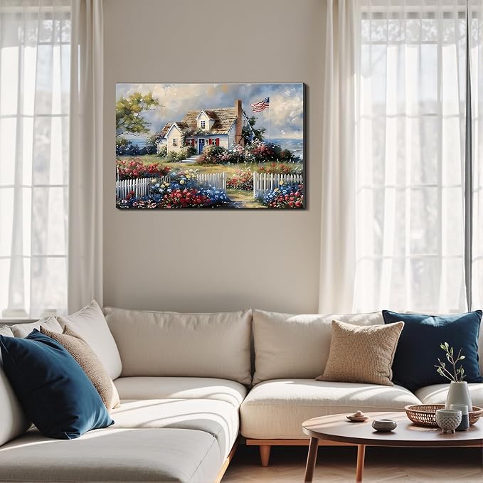 Framed American Flag Coastal Cottage Wall Art, Patriotic Seaside House Canvas Art Pictures, USA Flag Floral Garden Wall Decor, Made in USA Ready to Hang for Living Room Entryway