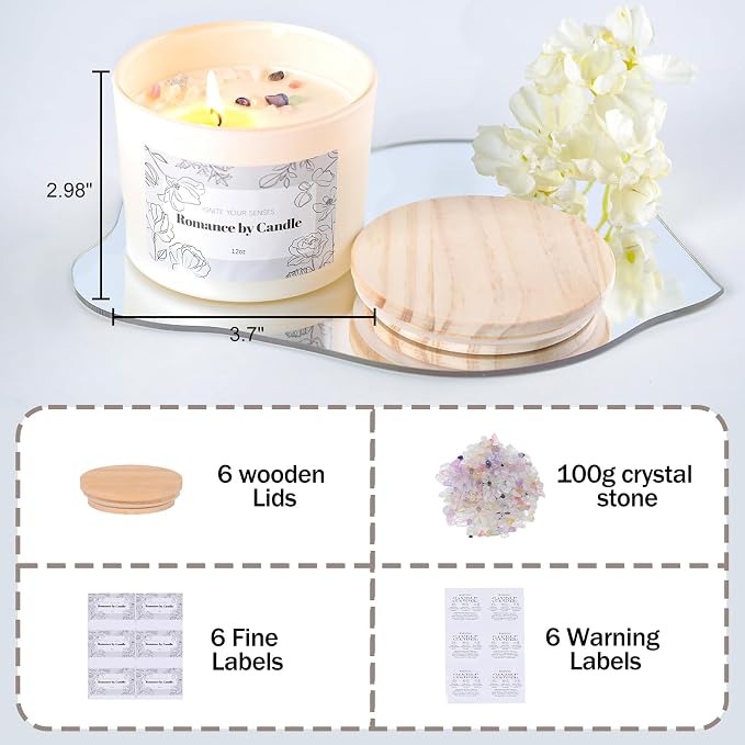 REISEN 6 Pcs 12oz Black & White Glass Candle Jars with Lids & Crystal Rocks