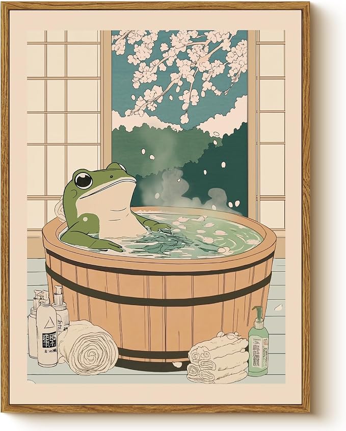 Serene Frog in Wooden Tub with Cherry Blossom Window View Painting, Kawaii 12x16 Inch Framed Canvas Print, Cute Relaxing Bathroom Home Decor, Bath Time with Japanese Spa Artwork