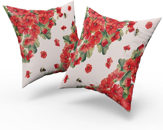 Giwawa 2PCs Geranium Throw Pillow Covers, 16"x16" Spring Summer Red Floral Bees Decorative Cotton Pillow Cases, Watercolor Flower Blossom Square Cushion Cover Sofa Couch Porch Living Room