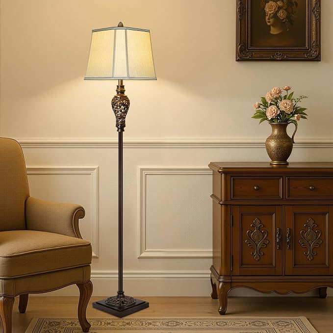 Vintage Floor Lamp with Night Light for Bedroom, Dark Brown Finish