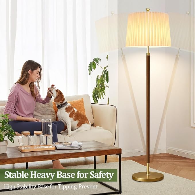 AHDWDW Gold Floor Lamp for Living Room,Mid-Century Modern Floor Lamps with Remote,Farmhouse Boho Floor Light with Dual Fabric Shade,Dimmable Standing Tall Lamp for Bedroom Corner Reading Office