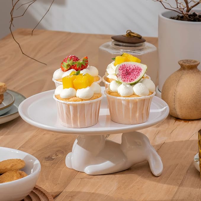 Pedestal Cake Stand, White Ceramic Bunny Plate for Easter,Fits 6-8 In Cakes | Cute Rabbit Dessert Stand Plate for Easter Eggs, Cupcakes, Cookies Fruit, Bunny Decor for Easter Parties and Festivals 8.3 In