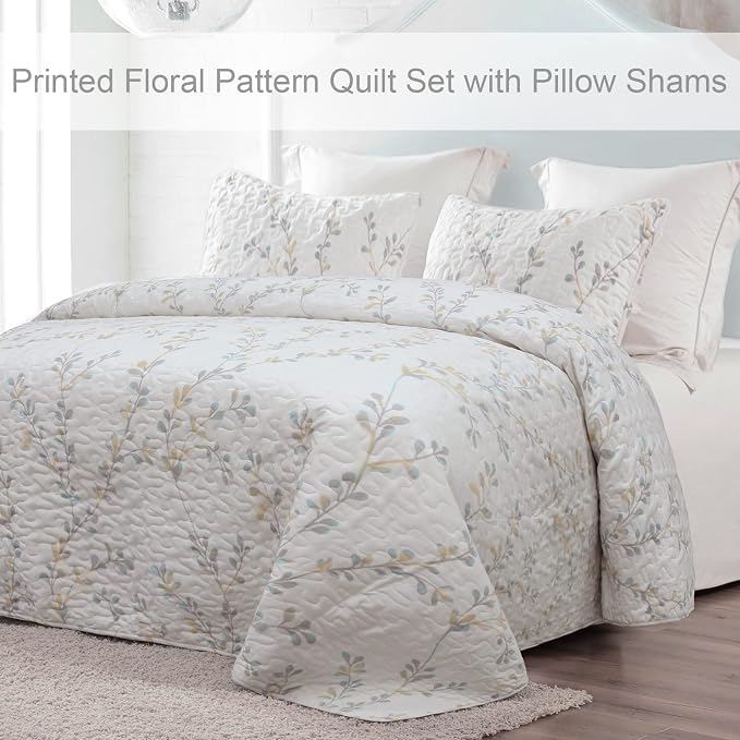 Exclusivo Mezcla Reversible Boho Quilt King Size White | Lightweight Soft Bedspreads, All Season Flowers Coverlet Bedding Set, Printed Floral Pattern, 1 Quilt and 2 Pillow Shams