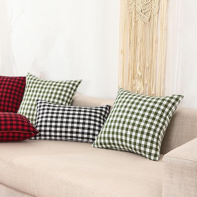Spring Green Plaid Gingham Euro Pillow Sham Covers 26x26 Set of 2 for Couch | 26 x 26 Spring European Pillow Covers, Extra Large Pillow Cases, Decorative Pillow for Bed, Cojines Decorativos Para Cama