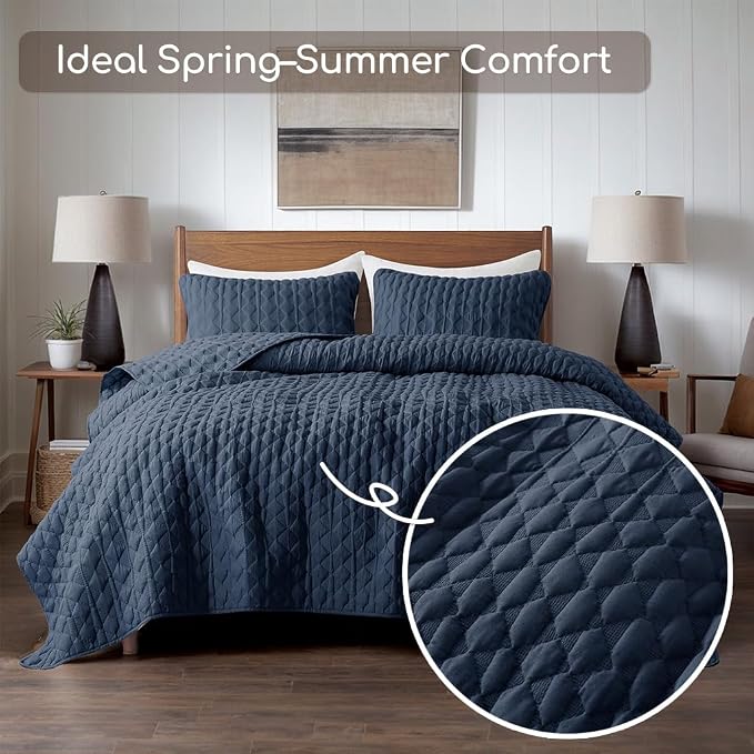 WDCOZY Navy Blue Quilt Twin Size Bedding Sets with 1 Pillow Sham, Lightweight Soft Bedspread Coverlet, Quilted Blanket Thin Comforter Bed Cover, All Season Spring Summer, 2 Pieces, 68x90 inches