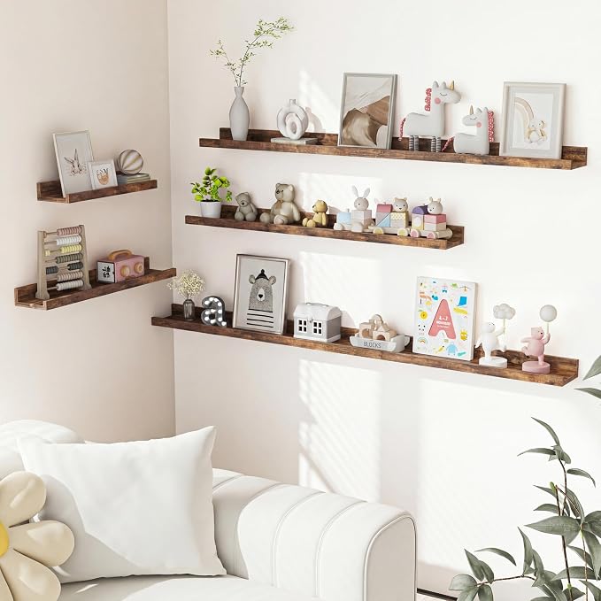 Heimlove Picture Ledge Shelf, Floating Shelves Set of 2, 27.56Inches Picture Shelf for Wall with Ledge, Kids Bookshelf Wall Mounted for Living Room Bedroom Decor Books Photo Frames - Rustic Brown