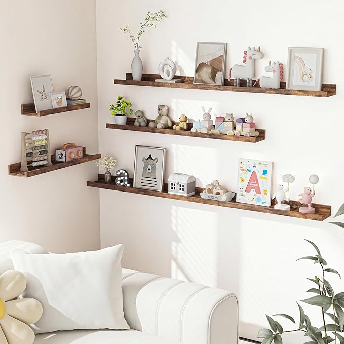 Heimlove Picture Ledge Shelf, Floating Shelves Set of 2, 15.75Inches Picture Shelf for Wall with Ledge, Kids Bookshelf Wall Mounted for Living Room Bedroom Decor Books Photo Frames - Rustic Brown