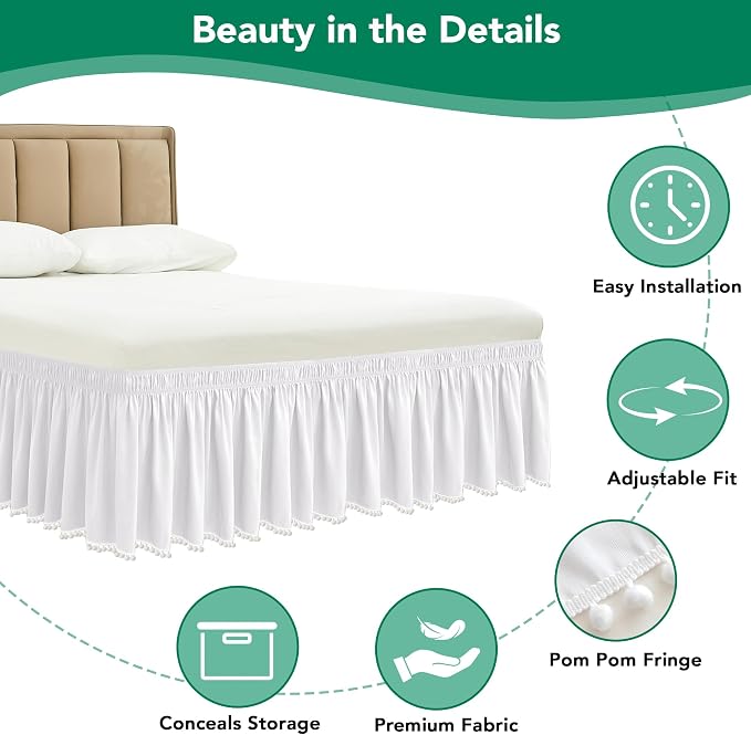 Wrap Around Queen Size Bed Skirt 15" Drop-Elastic Dust Ruffle White Pompom | Adjustable Pleated Bedskirt-Easy Fit Wrinkle Resistant Washable Hotel Quality Fabric Bed Skirting-Master Guest Bedroom Rental
