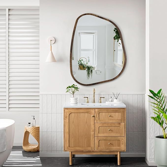 Asymmetrical Accent Mirror for Wall Irregular Oval Wood Frame Modern Unique Wall Mirror Decorative Boho Vanity Bathroom Living Room Bedroom Entryway Hallway Artistic Wavy Mirror Large 26"x18"