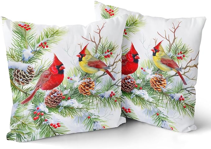 Giwawa Winter Birds Pillow Covers Set of 2 20x20 Inch Christmas Trees Holly Berry Pine Cones Xmas Snow Scene Square Cushion Cases Double Sided for Sofa Patio Porch Holiday Bed Decor