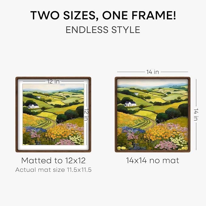 Homeforia 14x14 Mortise&Tenon Walnut Picture Frame, 12x12 Mat, Glass
