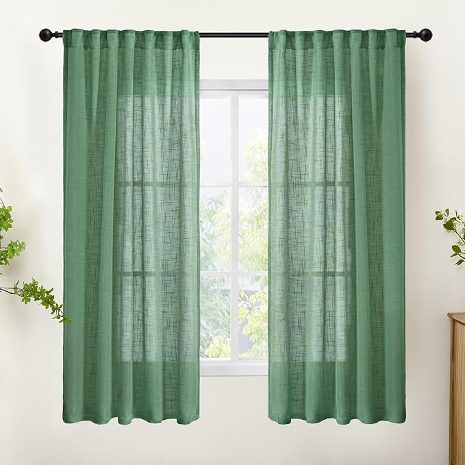 YoungsTex Green Linen Semi Sheer Curtains 63 Inch Length - Short Light Filtering Drapes with Back Tab Rod Pocket Lightweight for Living Room Window, 2 Panels, 42 X 63 Inch