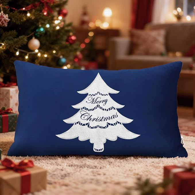 BRAWARM Christmas Pillow Cover 12 X 20 Inches, Navy Blue Christmas Tree Embroidered Lumbar Pillow Cover, Soft Velvet Decorative Throw Pillow for Couch Bed Sofa Living Room Home