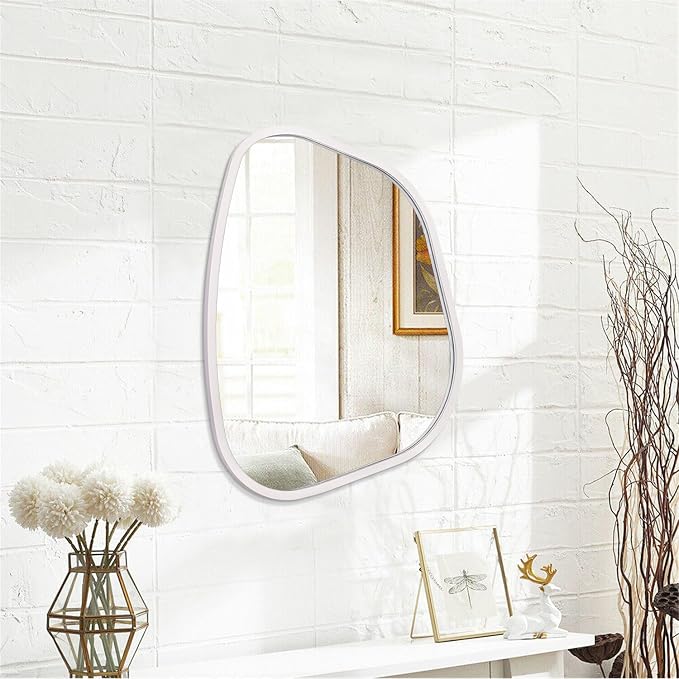 Asymmetrical Mirror Irregular Oval Wall Mirror Modern Wood Frame Unique Shape Wall Mounted Vanity Artistic Mirror Decorative for Living Room Bedroom Bathroom Entryway 16"x12"