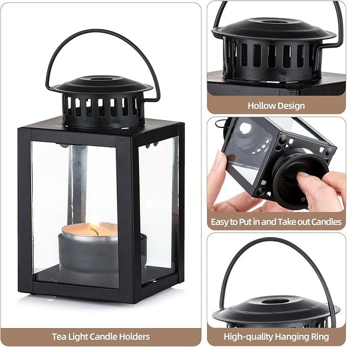 Small Black Lantern Decorative Outdoor, Set of 4 Candle Holder | Mini Hanging Lantern with Tealights & Glass, Farmhouse Indoor Decor, for Table Centerpiece, Fireplace, Wedding, Christmas