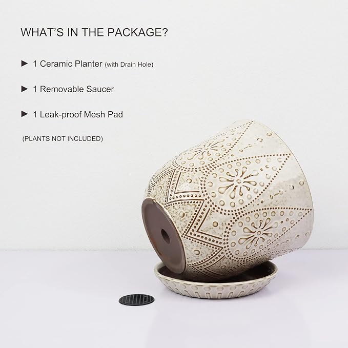 Gepege 8 Inch White Ceramic Plant Pot with Drainage & Saucer | Large ceramic plant pot with drainage hole, ceramic saucer and mesh pad, ideal for indoor plants, flowers and houseplants