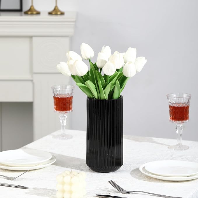 Ribbed Glass Vase,Flower Vase for Bouquet, Black Glass Vases for Flowers, Modern Vases for Living Room, Bathroom, Dining Table, Office, Wedding, Centerpieces, 8 Inches