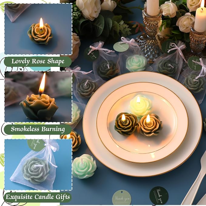 Treela 24 Set Rose Flower Candles, Sage Green Wedding Favors for Guests