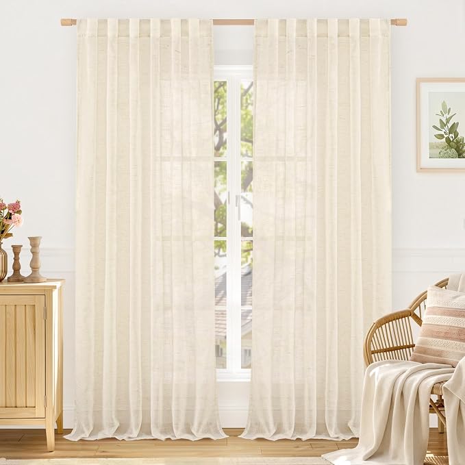 Light Filtering Linen Curtains 84 inches Long for Bedroom, Linen | Semi Sheer Panels, Living Room Curtains, Back Tab Rod Pocket, Burlap, Drapes for Farmhouse, 2 Panels, 52 x 84 Inch