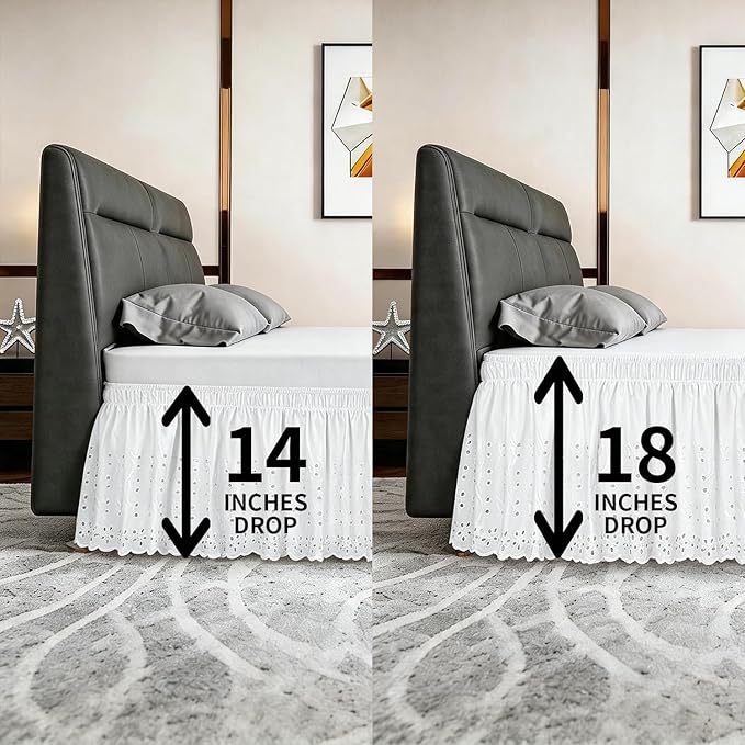 ANARACHON Queen Bed Skirt, Wrap-Around Elastic Ruffled Eyelet Bed Skirt Queen Size Dust Ruffle with Gathered Styling and Embroidered Details, 14" Drop Length (White)