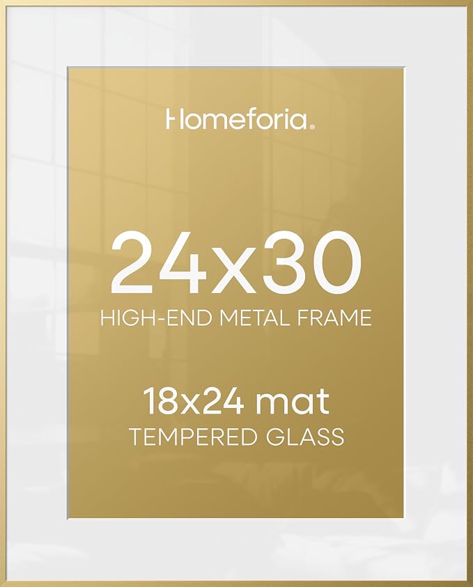 Homeforia 24x30 Gold Picture Frame, High-End Metal, 18x24 Mat, Glass