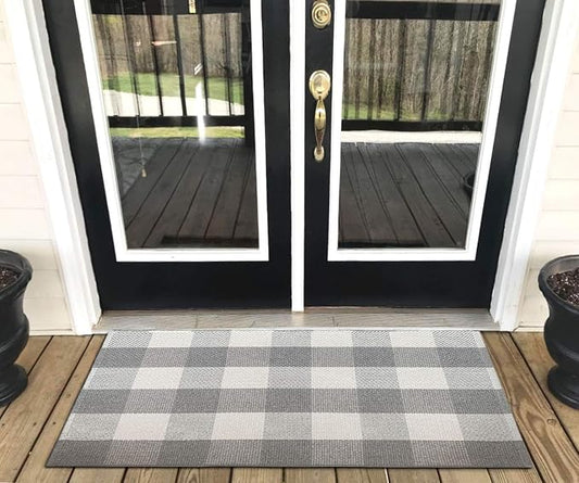 LEVINIS Grey Buffalo Check Rug 2' x 3' - Cotton Washable Hand-Woven Checkered Plaid Outdoor Rug for Front Porch Entry Way Kitchen Bathroom Bedroom Door Mat